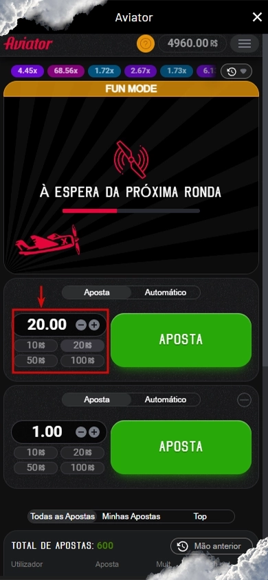 Captura de tela da interface do jogo 'Aviator' mostrando um saldo de 4960.00 R$, multiplicadores de aposta na parte superior, uma mensagem 'À ESPERA DA PRÓXIMA RONDA' indicando a espera pela próxima rodada, duas seções de apostas com os valores 20.00 e 1.00 respectivamente, e uma contagem total de apostas na parte inferior.