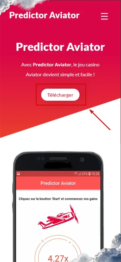 Captura de tela promocional do 'Predictor Aviator'. Na parte superior, um título 'Predictor Aviator' com descrição: 'Com o Predictor Aviator, o jogo de cassino Aviator torna-se simples e fácil!', e um botão de 'Baixar'. Abaixo, uma imagem de um smartphone exibindo a interface do aplicativo 'Predictor Aviator' com um avião desenhado e um multiplicador de 4.27x.