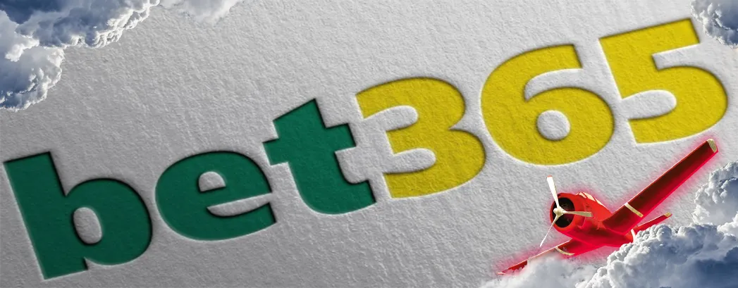 Logo of 'bet365' with green and yellow letters on a textured white background, accompanied by an image of a red aviator flying through clouds.